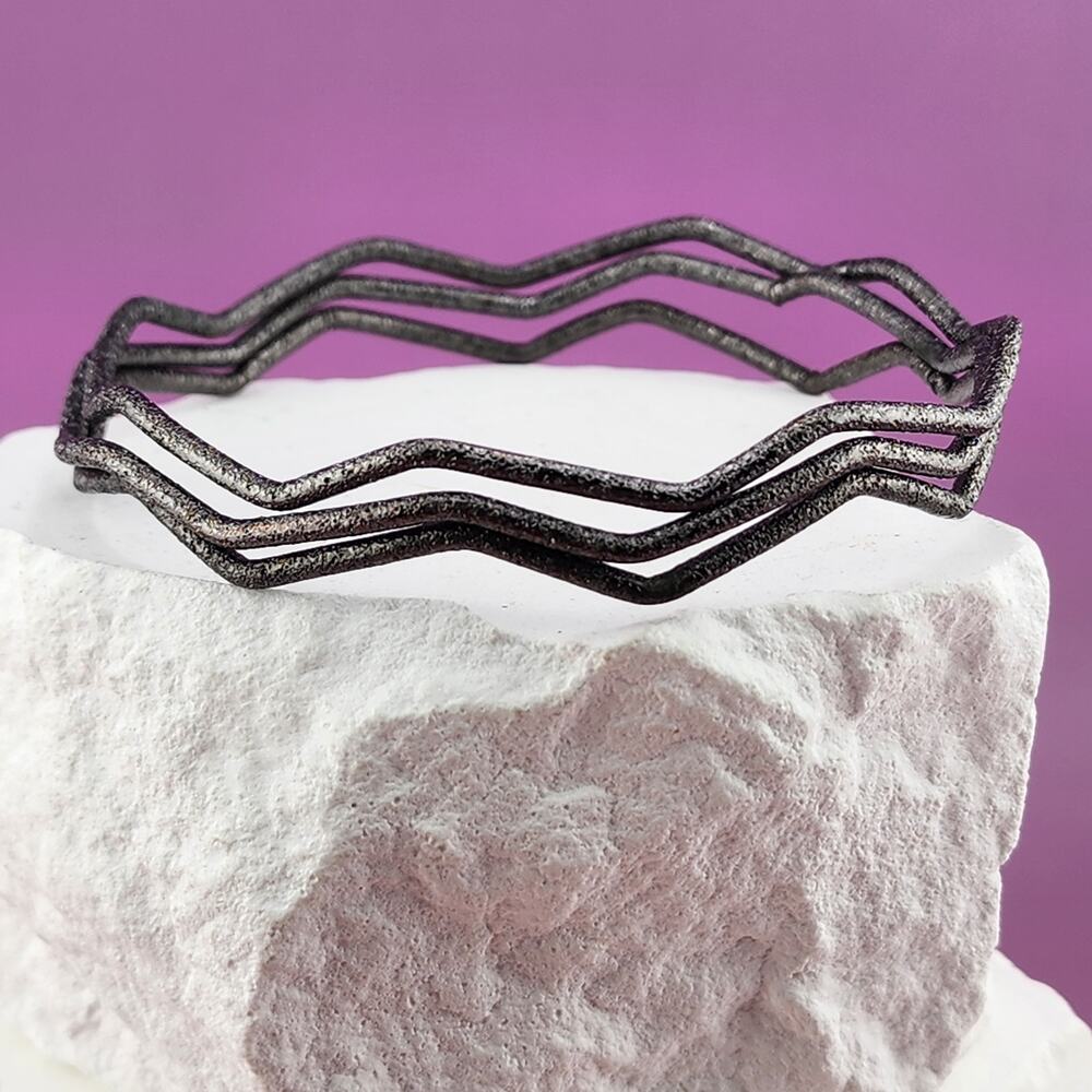 Gunmetal Dark Silver Tone Wavy Zigzag Bangle Bracelet Set of 3 Stacking